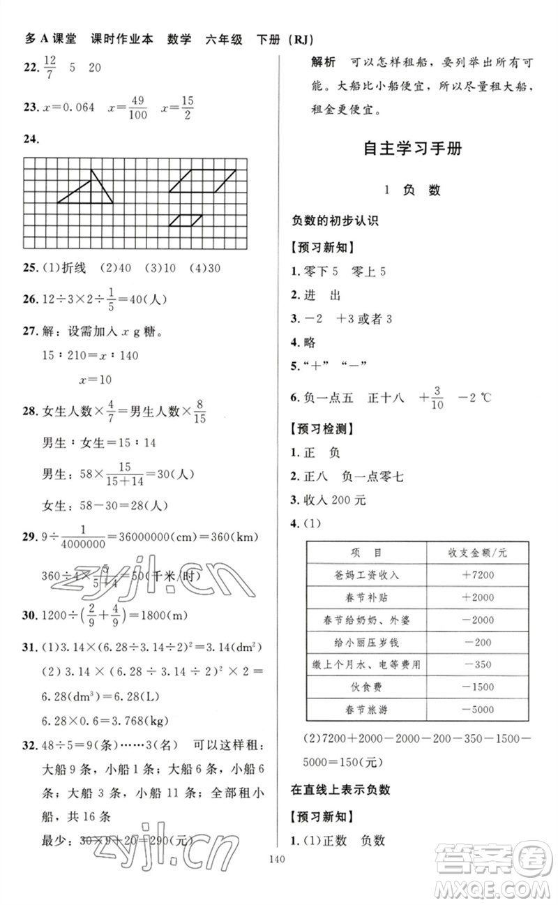 二十一世紀(jì)出版社集團2023多A課堂課時廣東作業(yè)本六年級數(shù)學(xué)下冊人教版參考答案