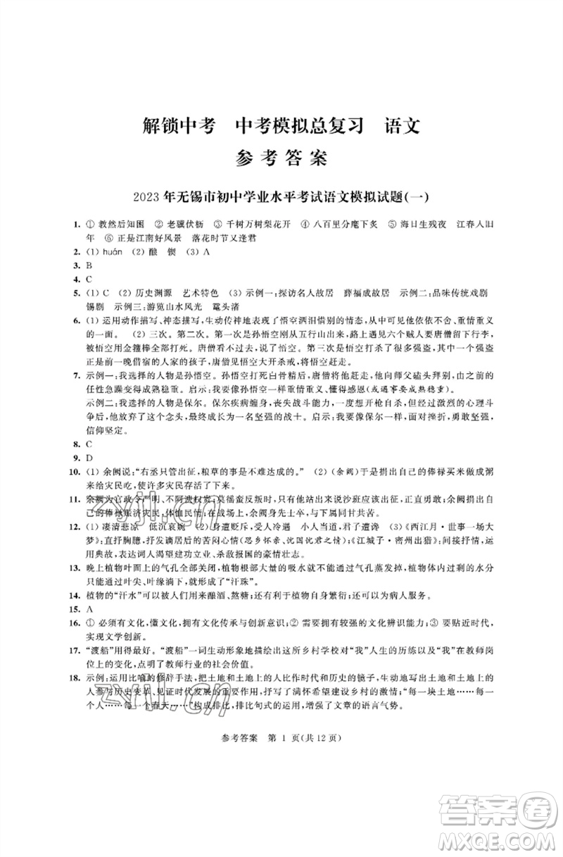 江蘇鳳凰科學(xué)技術(shù)出版社2023多維互動(dòng)提優(yōu)課堂中考模擬總復(fù)習(xí)九年級(jí)語文人教版參考答案