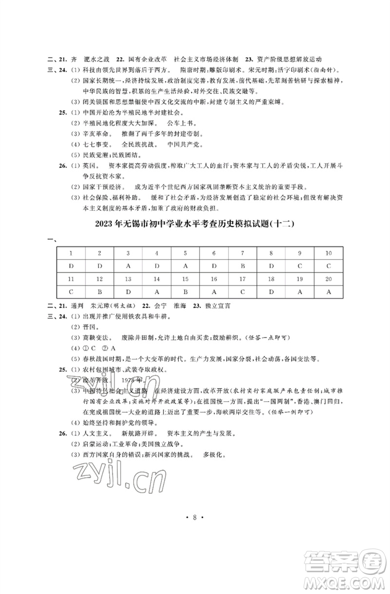 江蘇鳳凰科學(xué)技術(shù)出版社2023多維互動提優(yōu)課堂中考模擬總復(fù)習(xí)九年級歷史人教版參考答案