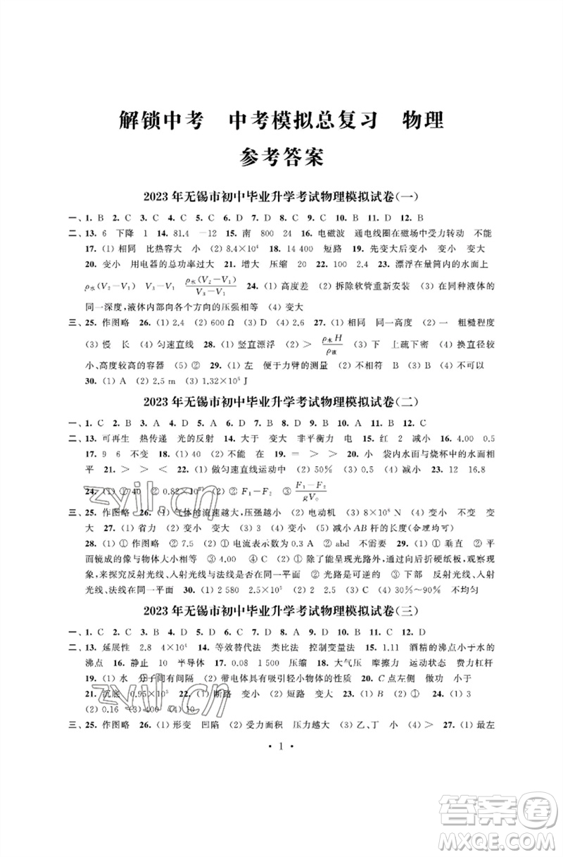 江蘇鳳凰科學(xué)技術(shù)出版社2023多維互動(dòng)提優(yōu)課堂中考模擬總復(fù)習(xí)九年級(jí)物理蘇科版參考答案