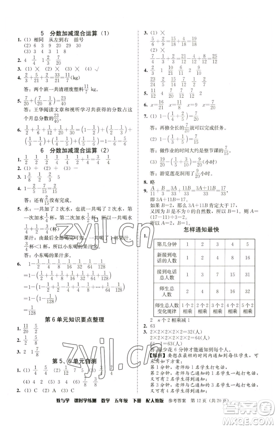 安徽人民出版社2023教與學(xué)課時(shí)學(xué)練測(cè)五年級(jí)下冊(cè)數(shù)學(xué)人教版參考答案