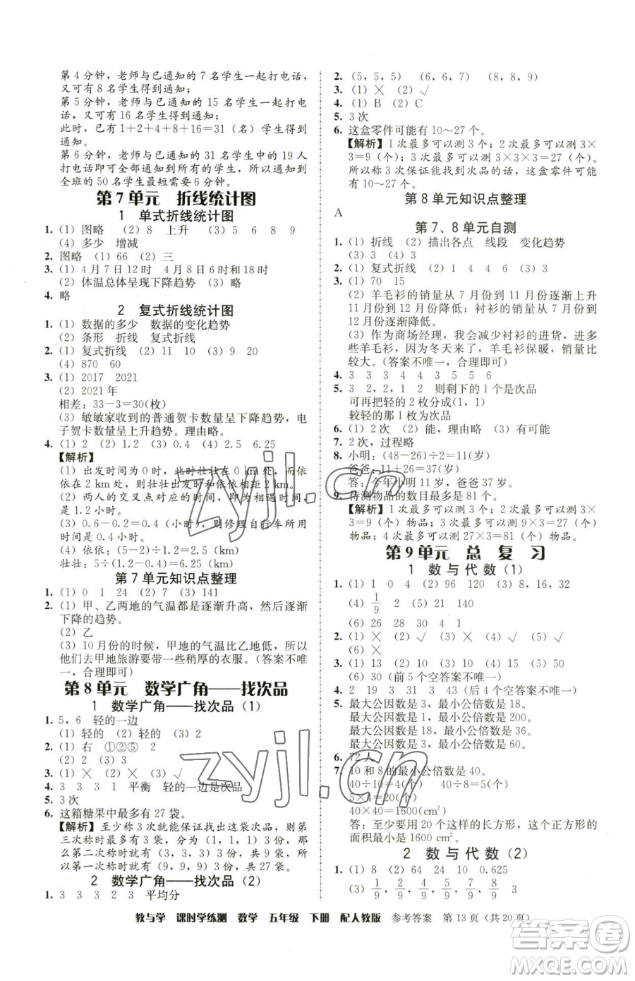 安徽人民出版社2023教與學(xué)課時(shí)學(xué)練測(cè)五年級(jí)下冊(cè)數(shù)學(xué)人教版參考答案