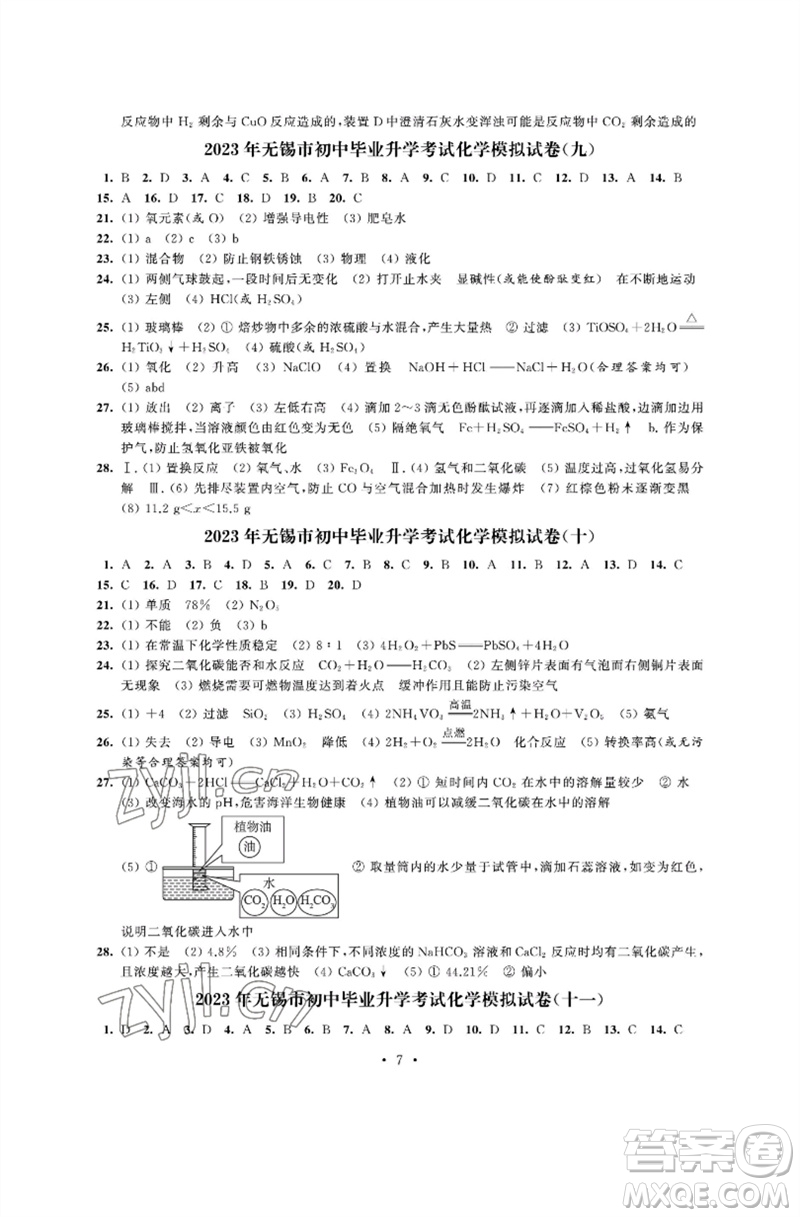 江蘇鳳凰科學(xué)技術(shù)出版社2023多維互動(dòng)提優(yōu)課堂中考模擬總復(fù)習(xí)九年級(jí)化學(xué)人教版參考答案