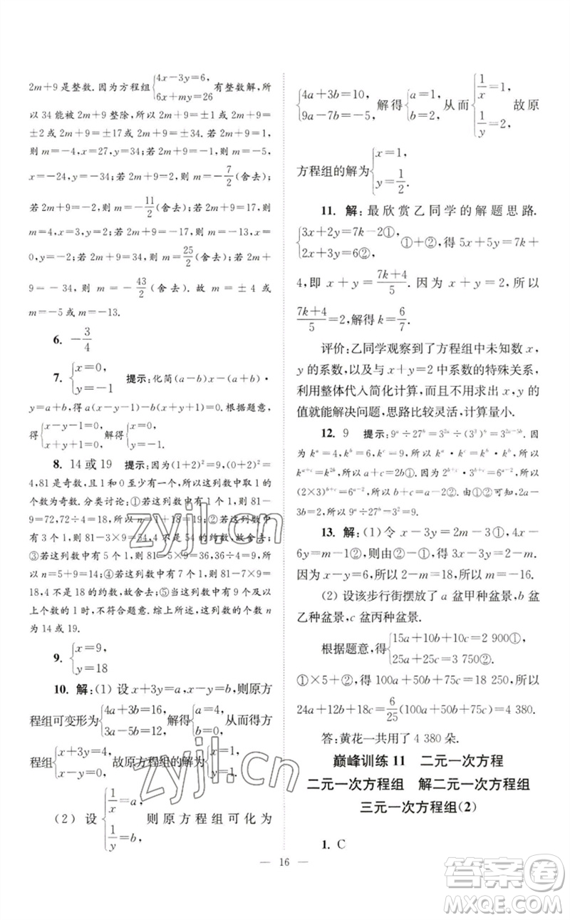 江蘇鳳凰科學(xué)技術(shù)出版社2023初中數(shù)學(xué)小題狂做七年級下冊蘇科版巔峰版參考答案