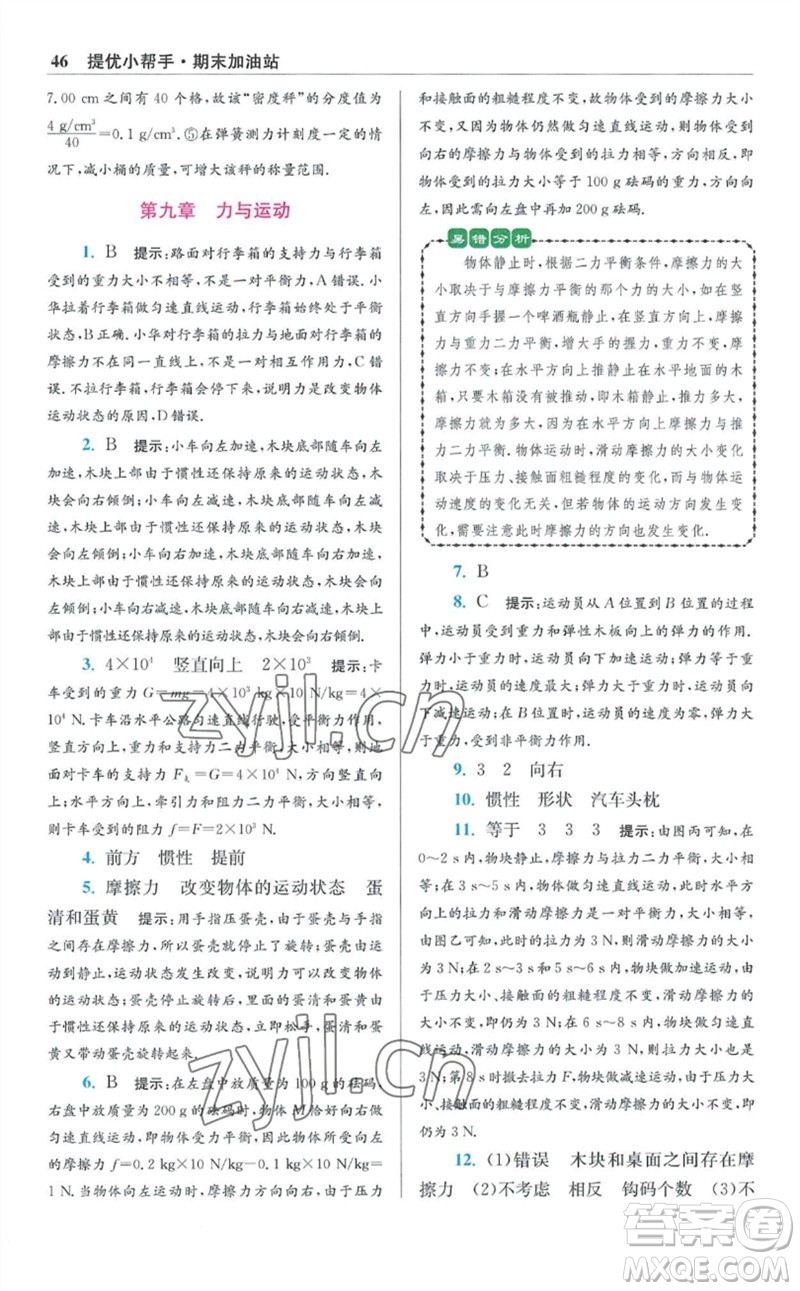 江蘇鳳凰科學技術(shù)出版社2023初中物理小題狂做八年級下冊蘇科版提優(yōu)版參考答案