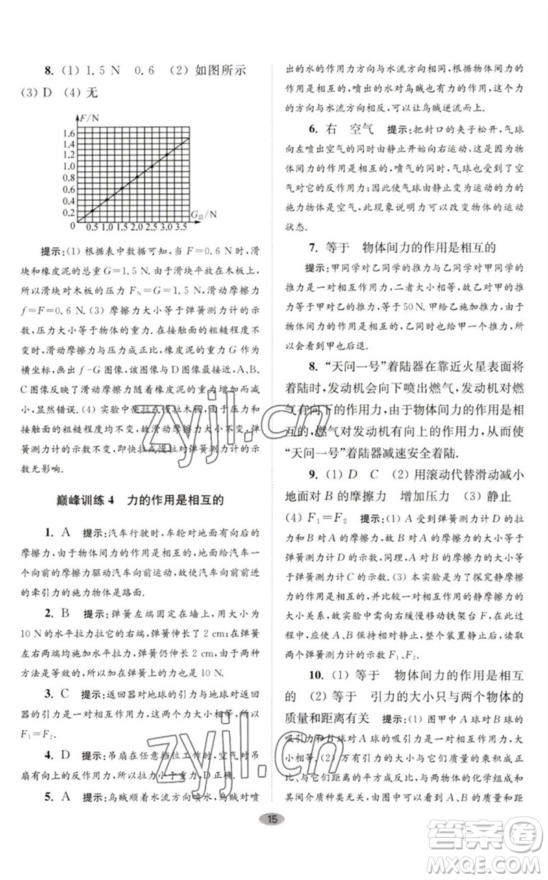 江蘇鳳凰科學(xué)技術(shù)出版社2023初中物理小題狂做八年級(jí)下冊(cè)蘇科版巔峰版參考答案