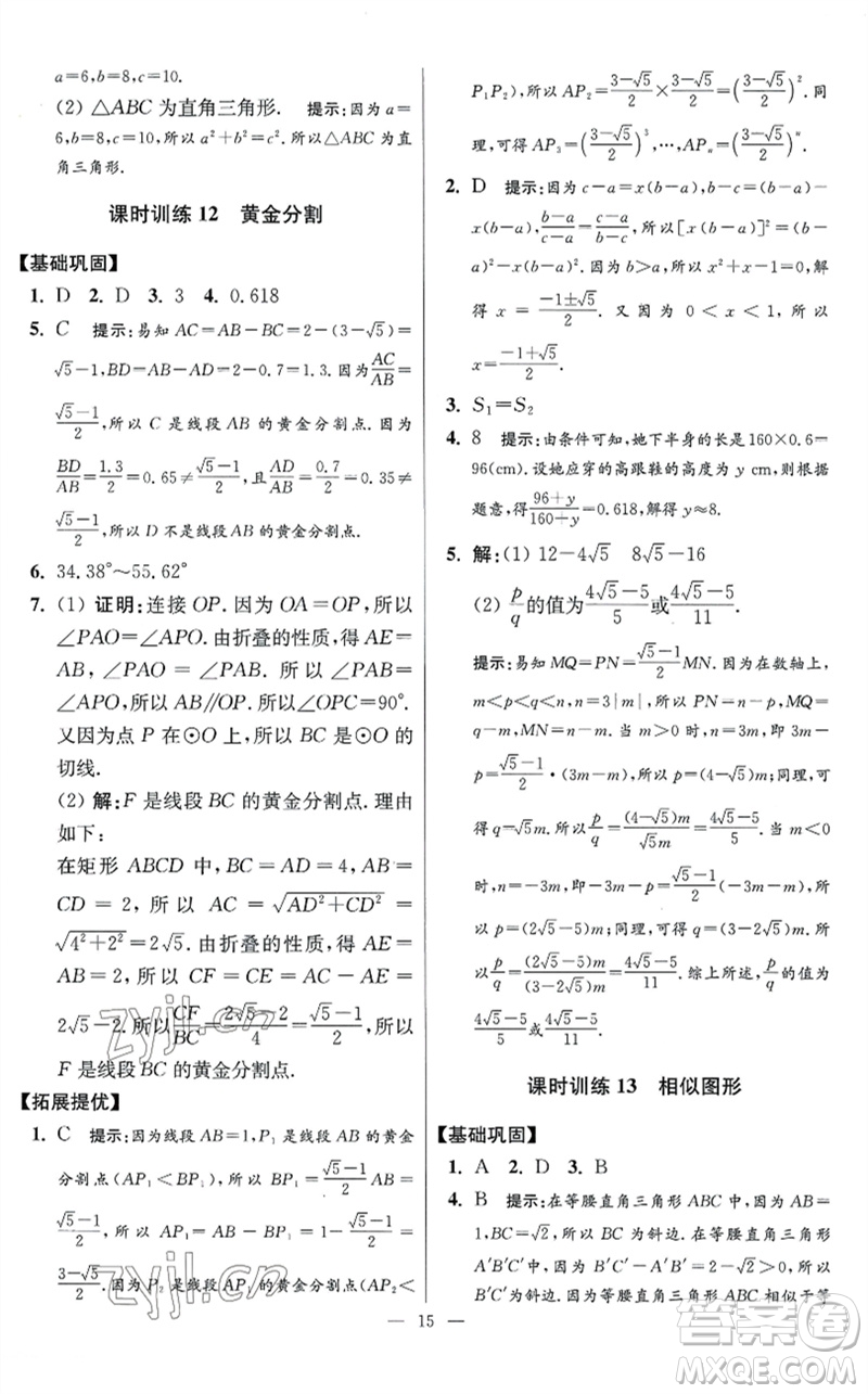 江蘇鳳凰科學技術(shù)出版社2023初中數(shù)學小題狂做九年級下冊蘇科版提優(yōu)版參考答案