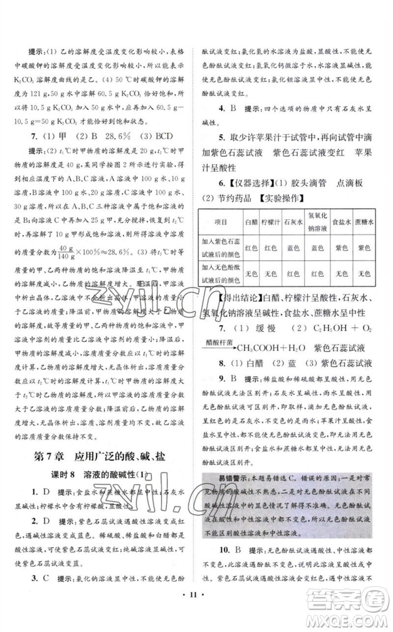 江蘇鳳凰科學(xué)技術(shù)出版社2023初中化學(xué)小題狂做九年級下冊滬教版提優(yōu)版參考答案