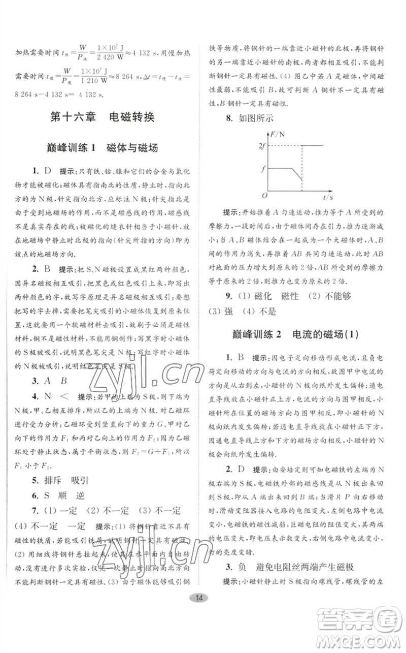 江蘇鳳凰科學(xué)技術(shù)出版社2023初中物理小題狂做九年級下冊蘇科版巔峰版參考答案