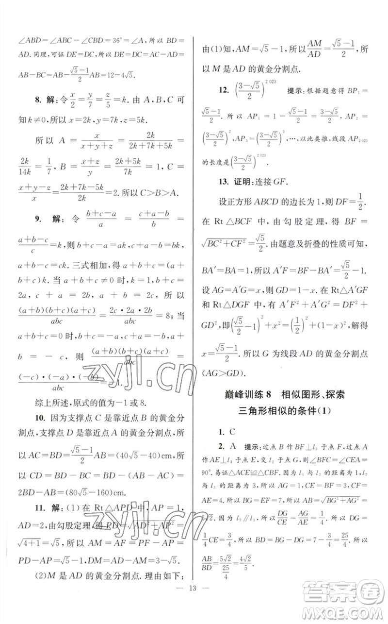 江蘇鳳凰科學(xué)技術(shù)出版社2023初中數(shù)學(xué)小題狂做九年級(jí)下冊(cè)蘇科版巔峰版參考答案