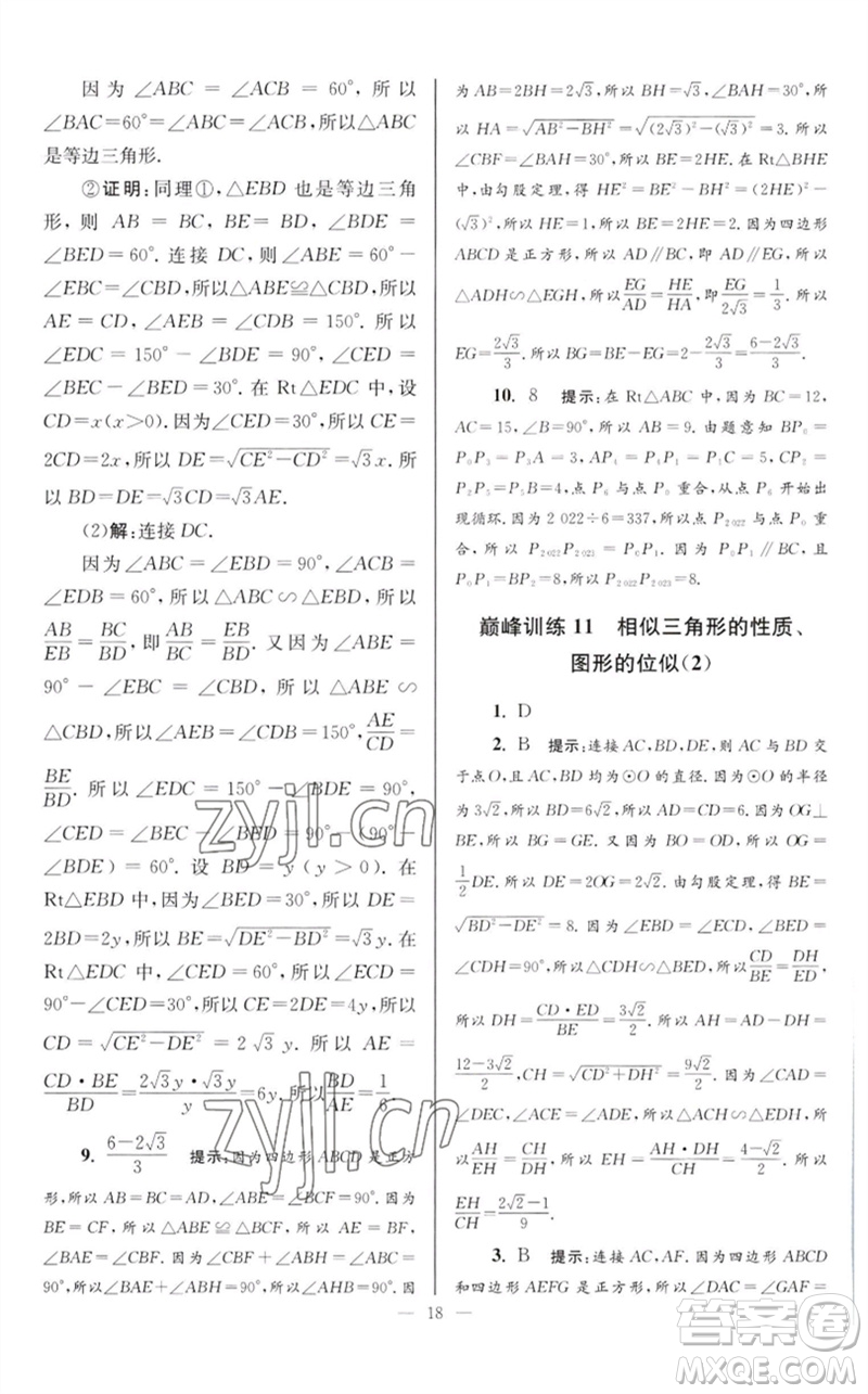 江蘇鳳凰科學(xué)技術(shù)出版社2023初中數(shù)學(xué)小題狂做九年級(jí)下冊(cè)蘇科版巔峰版參考答案