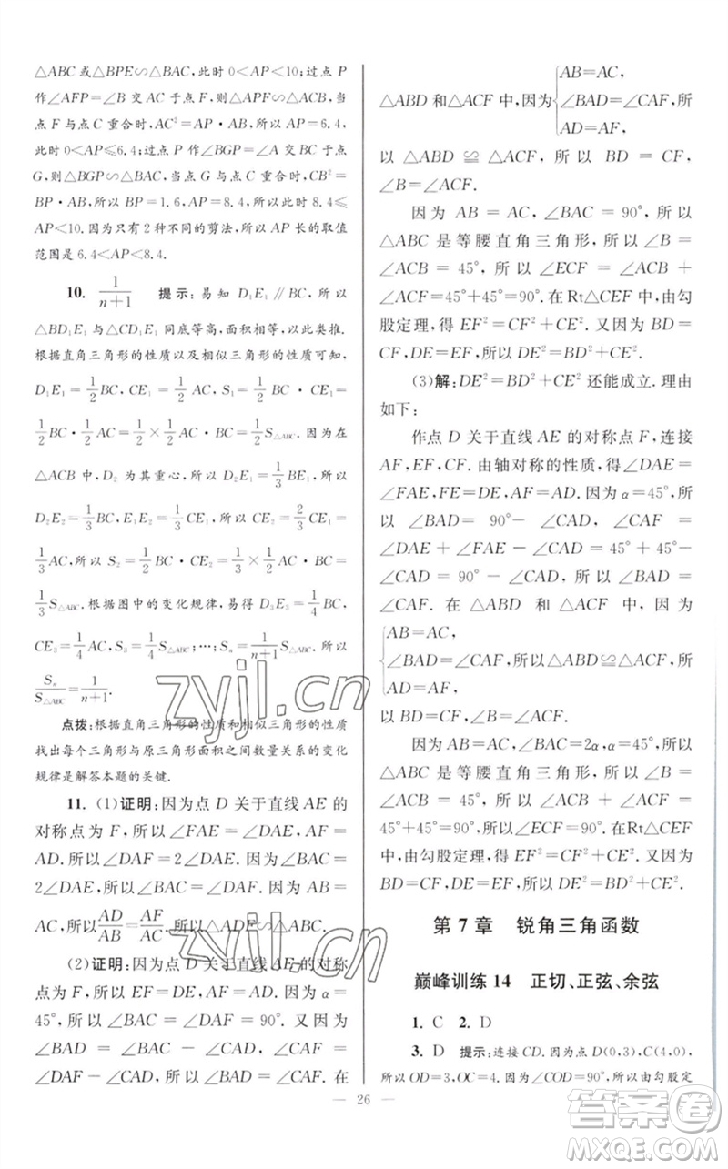 江蘇鳳凰科學(xué)技術(shù)出版社2023初中數(shù)學(xué)小題狂做九年級(jí)下冊(cè)蘇科版巔峰版參考答案