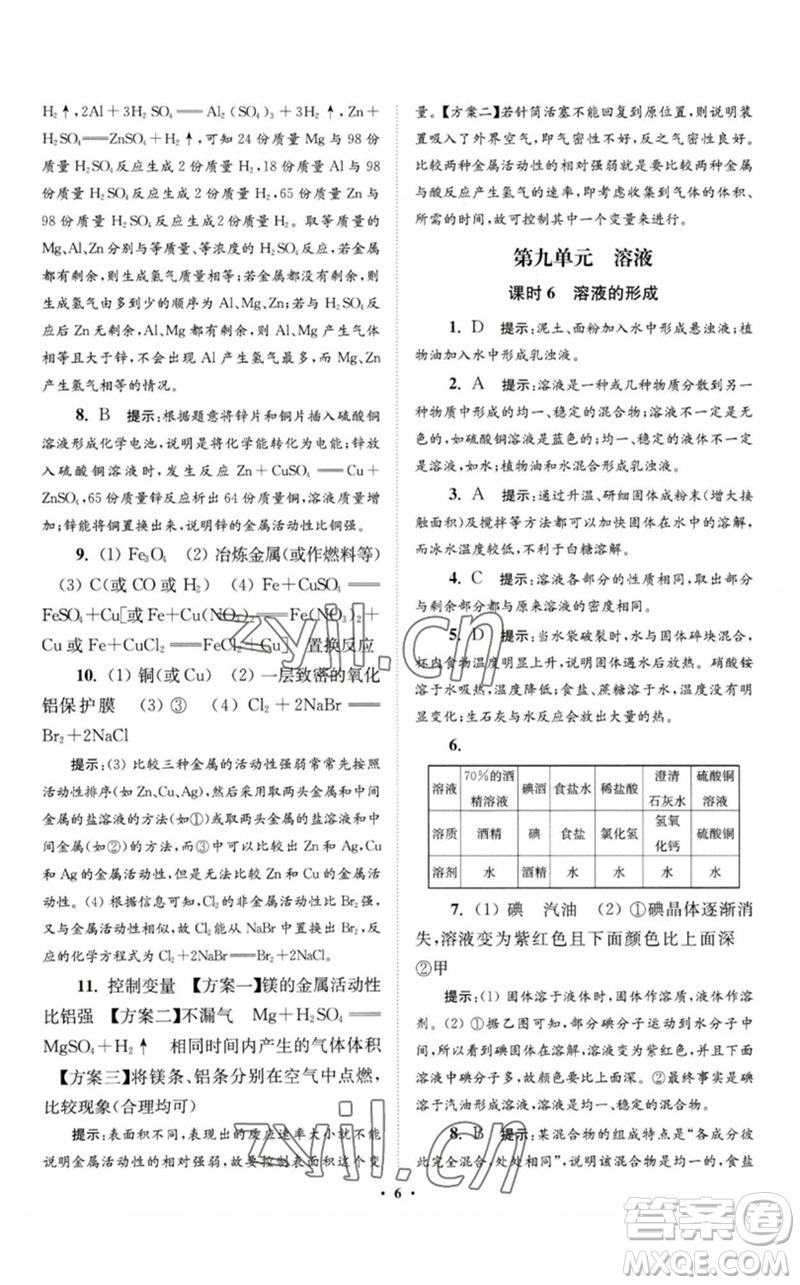 江蘇鳳凰科學(xué)技術(shù)出版社2023初中化學(xué)小題狂做九年級下冊人教版提優(yōu)版參考答案