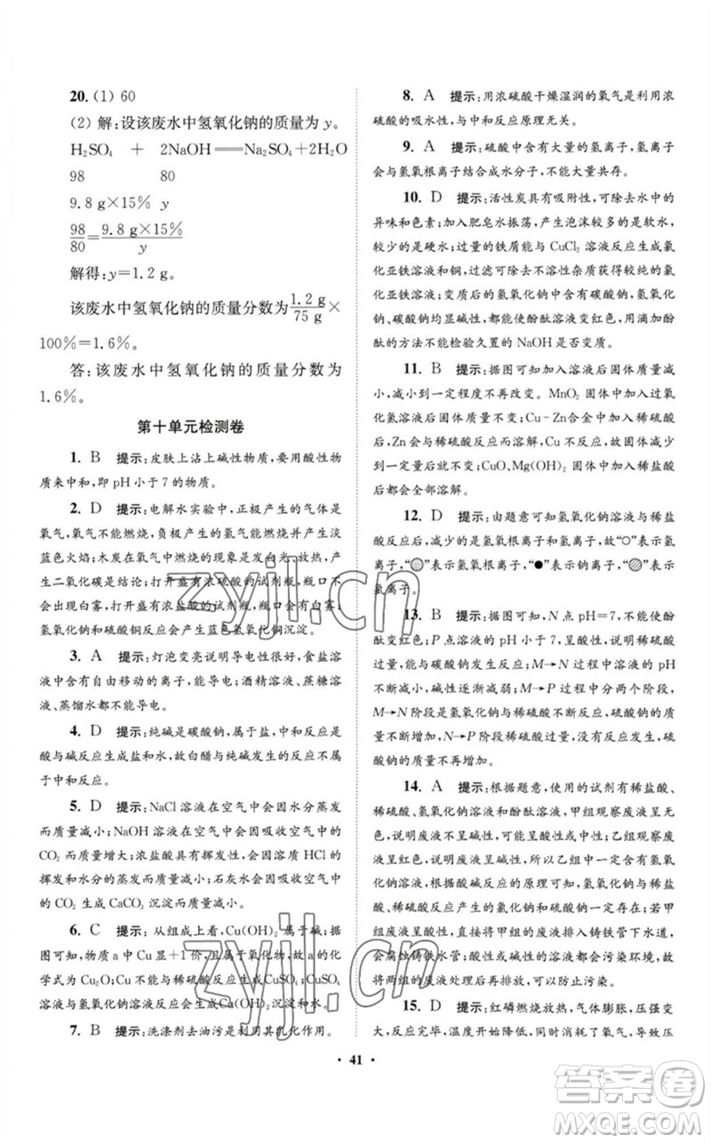 江蘇鳳凰科學(xué)技術(shù)出版社2023初中化學(xué)小題狂做九年級下冊人教版提優(yōu)版參考答案