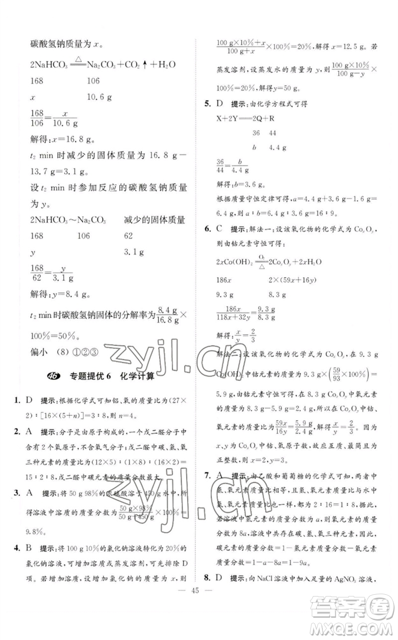 江蘇鳳凰科學技術(shù)出版社2023中考化學小題狂做九年級人教版提優(yōu)版參考答案