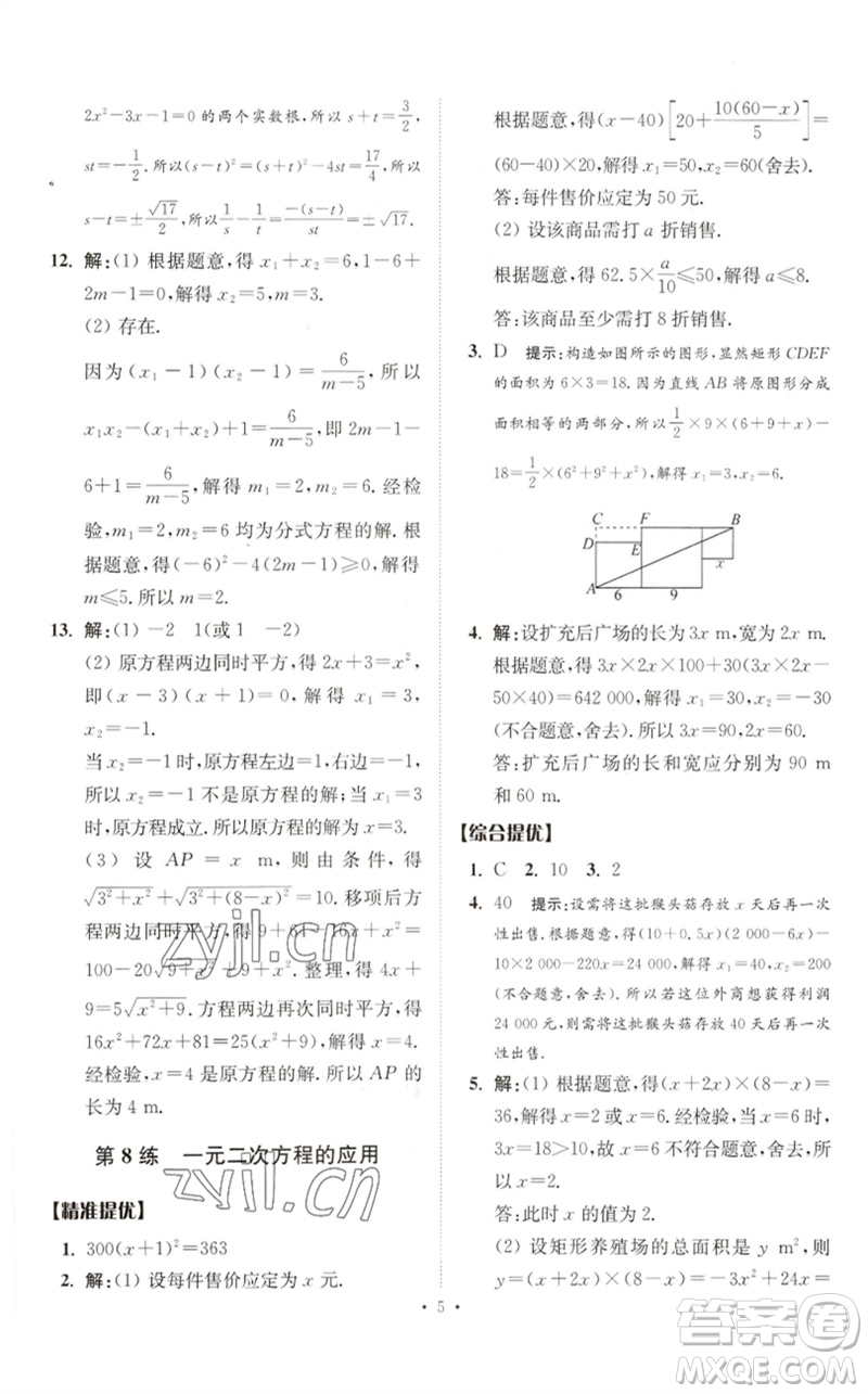 江蘇鳳凰科學(xué)技術(shù)出版社2023中考數(shù)學(xué)小題狂做九年級人教版提優(yōu)版參考答案