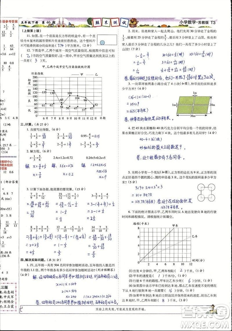 2023年春少年智力開(kāi)發(fā)報(bào)五年級(jí)數(shù)學(xué)下冊(cè)蘇教版第43-46期答案