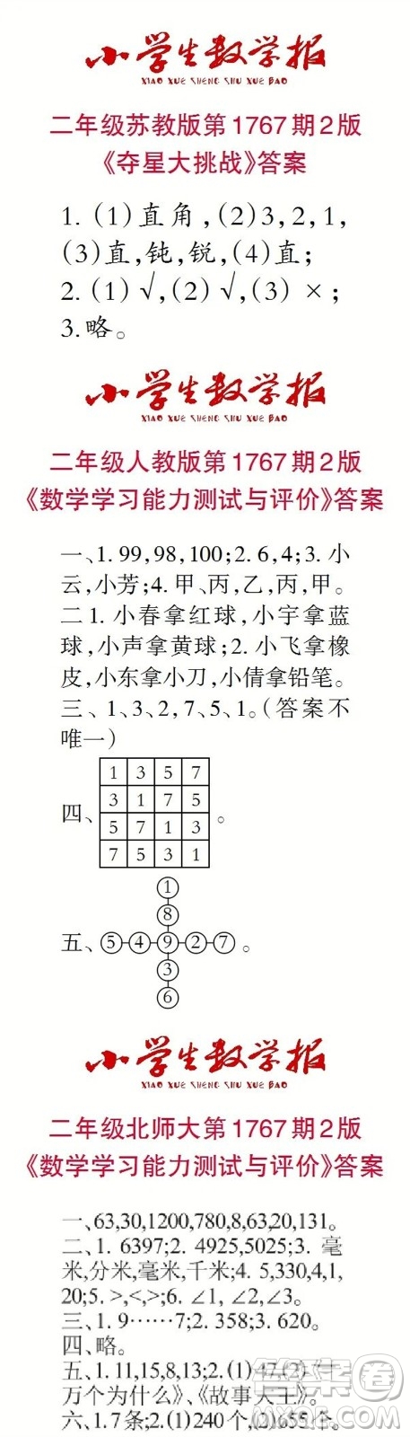 2023年春小學(xué)生數(shù)學(xué)報二年級第1767期答案