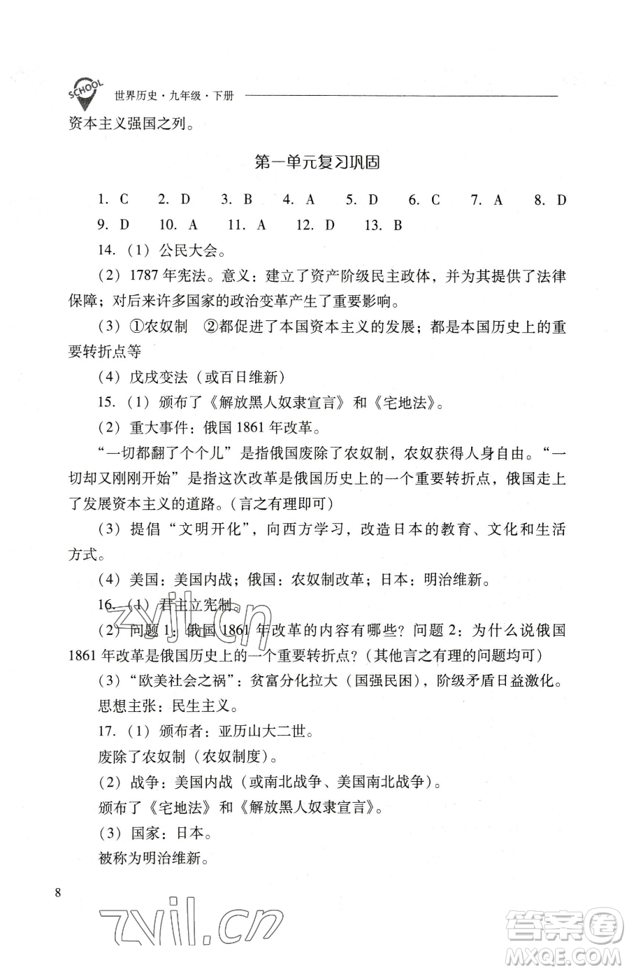 山西教育出版社2023新課程問題解決導學方案九年級下冊世界歷史人教版參考答案