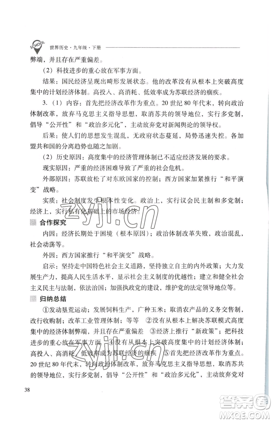 山西教育出版社2023新課程問題解決導學方案九年級下冊世界歷史人教版參考答案