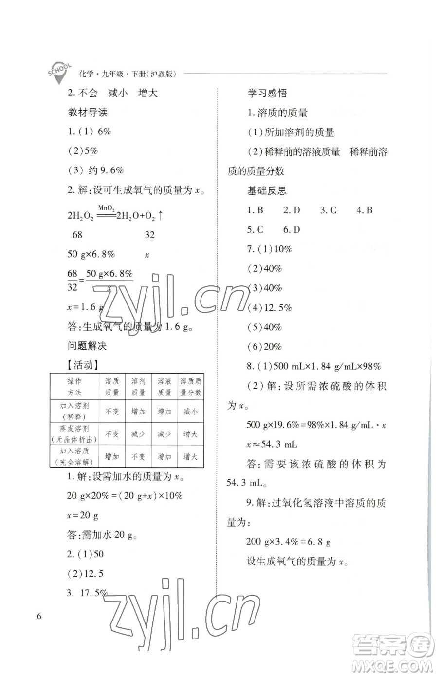 山西教育出版社2023新課程問題解決導(dǎo)學(xué)方案九年級下冊化學(xué)滬教版參考答案