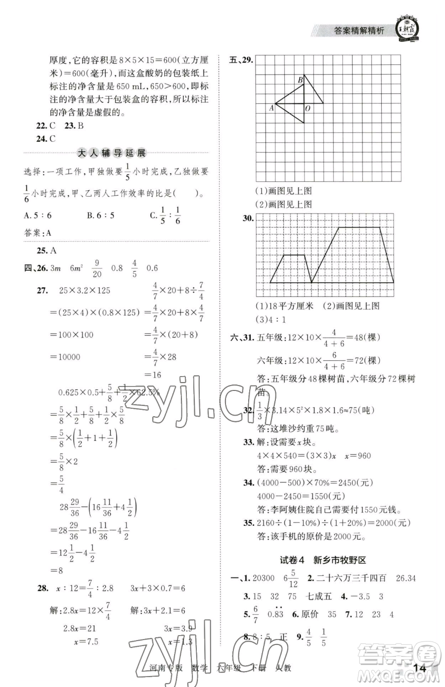 江西人民出版社2023王朝霞各地期末試卷精選六年級下冊數(shù)學(xué)人教版河南專版參考答案