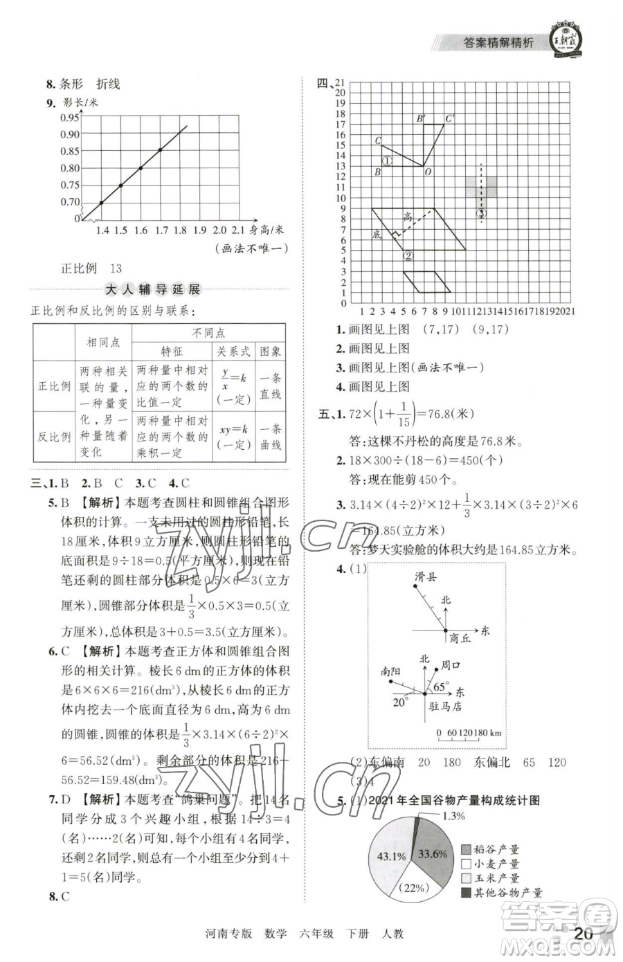 江西人民出版社2023王朝霞各地期末試卷精選六年級下冊數(shù)學(xué)人教版河南專版參考答案