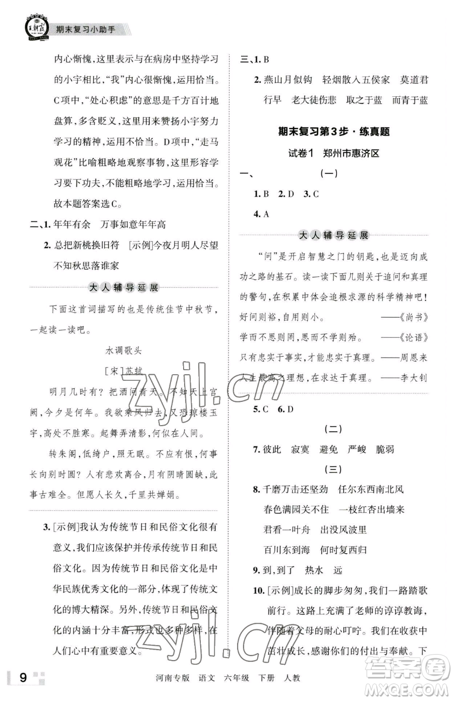 江西人民出版社2023王朝霞各地期末試卷精選六年級(jí)下冊(cè)語(yǔ)文人教版河南專版參考答案