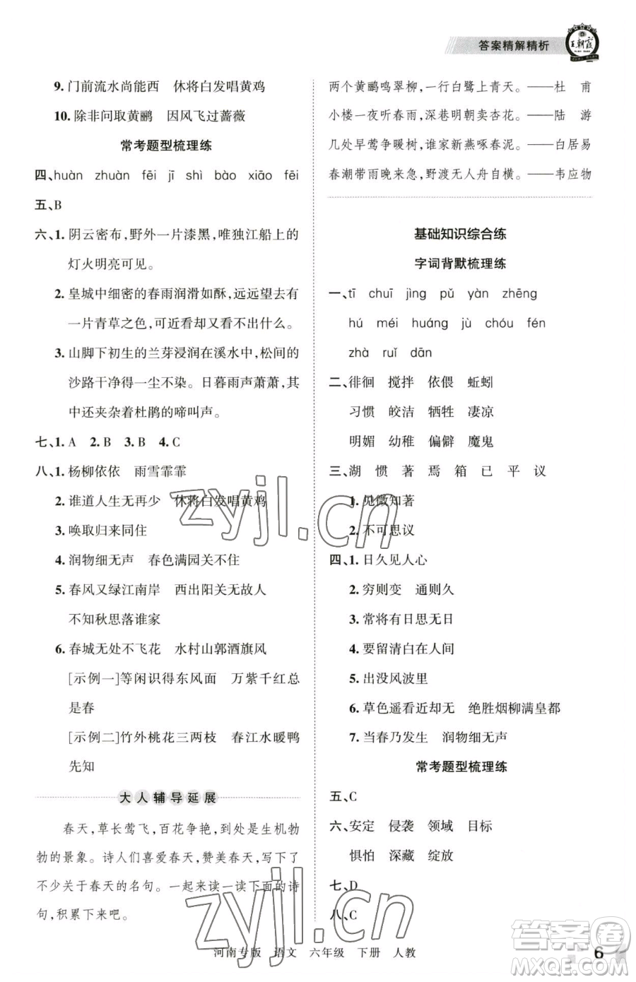 江西人民出版社2023王朝霞各地期末試卷精選六年級(jí)下冊(cè)語(yǔ)文人教版河南專版參考答案