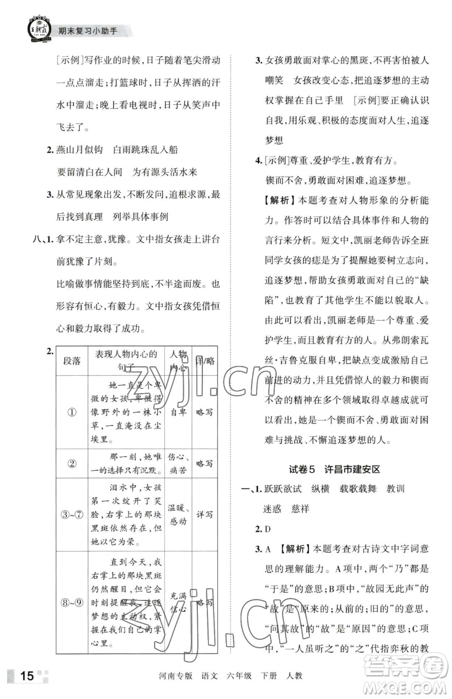 江西人民出版社2023王朝霞各地期末試卷精選六年級(jí)下冊(cè)語(yǔ)文人教版河南專版參考答案