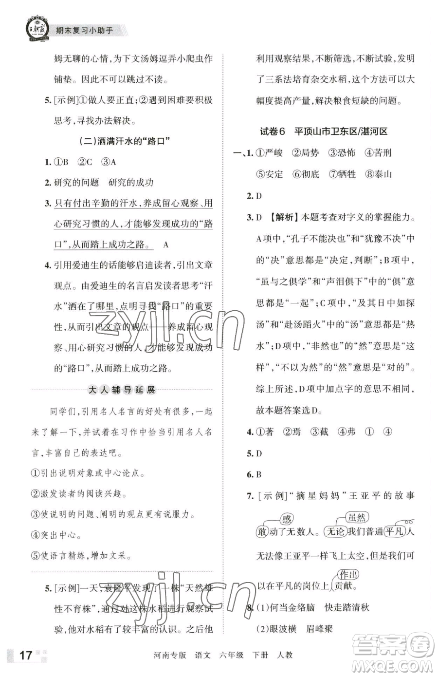 江西人民出版社2023王朝霞各地期末試卷精選六年級(jí)下冊(cè)語(yǔ)文人教版河南專版參考答案