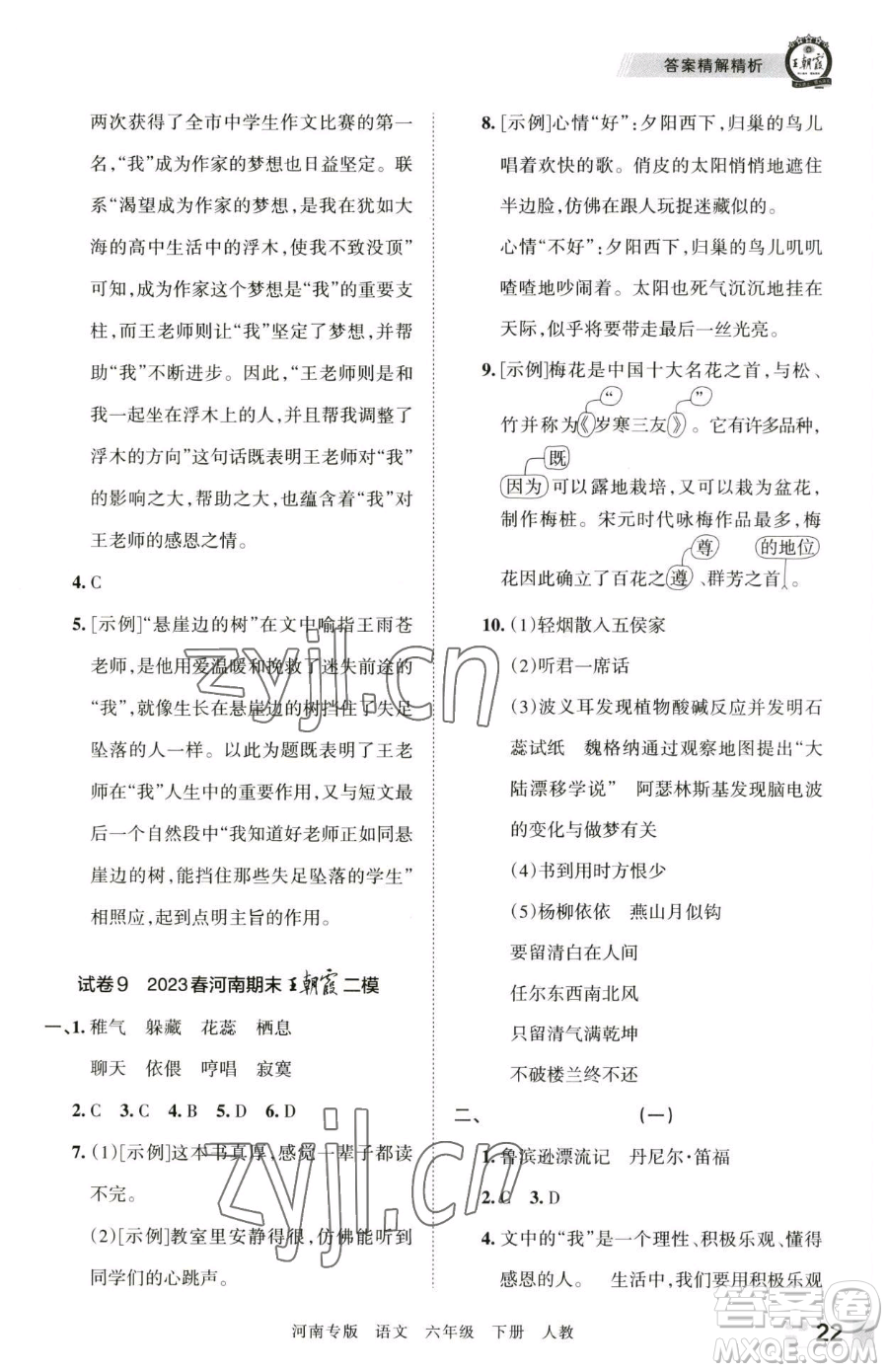 江西人民出版社2023王朝霞各地期末試卷精選六年級(jí)下冊(cè)語(yǔ)文人教版河南專版參考答案