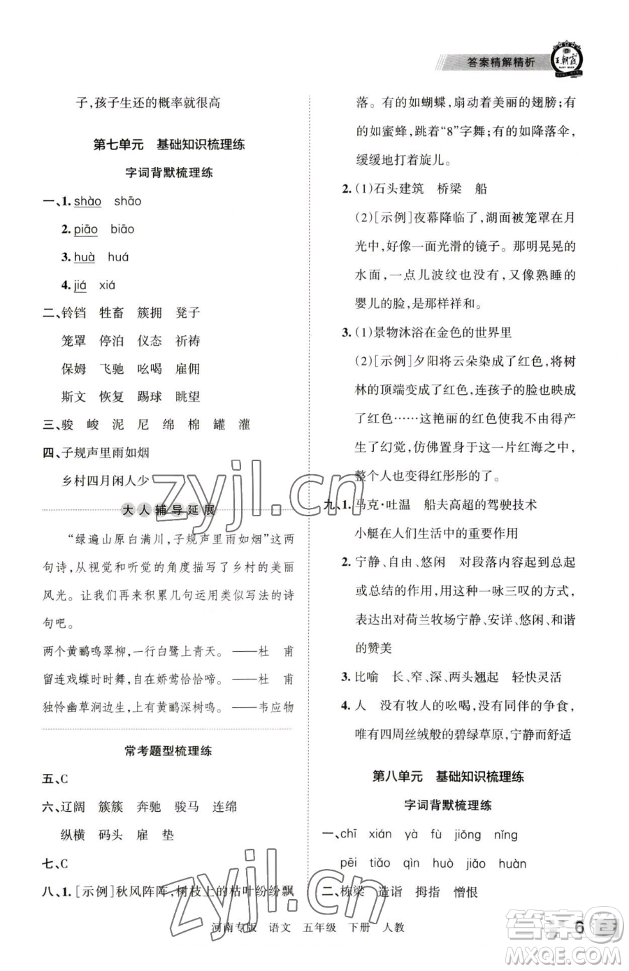 江西人民出版社2023王朝霞各地期末試卷精選五年級(jí)下冊(cè)語(yǔ)文人教版河南專(zhuān)版參考答案