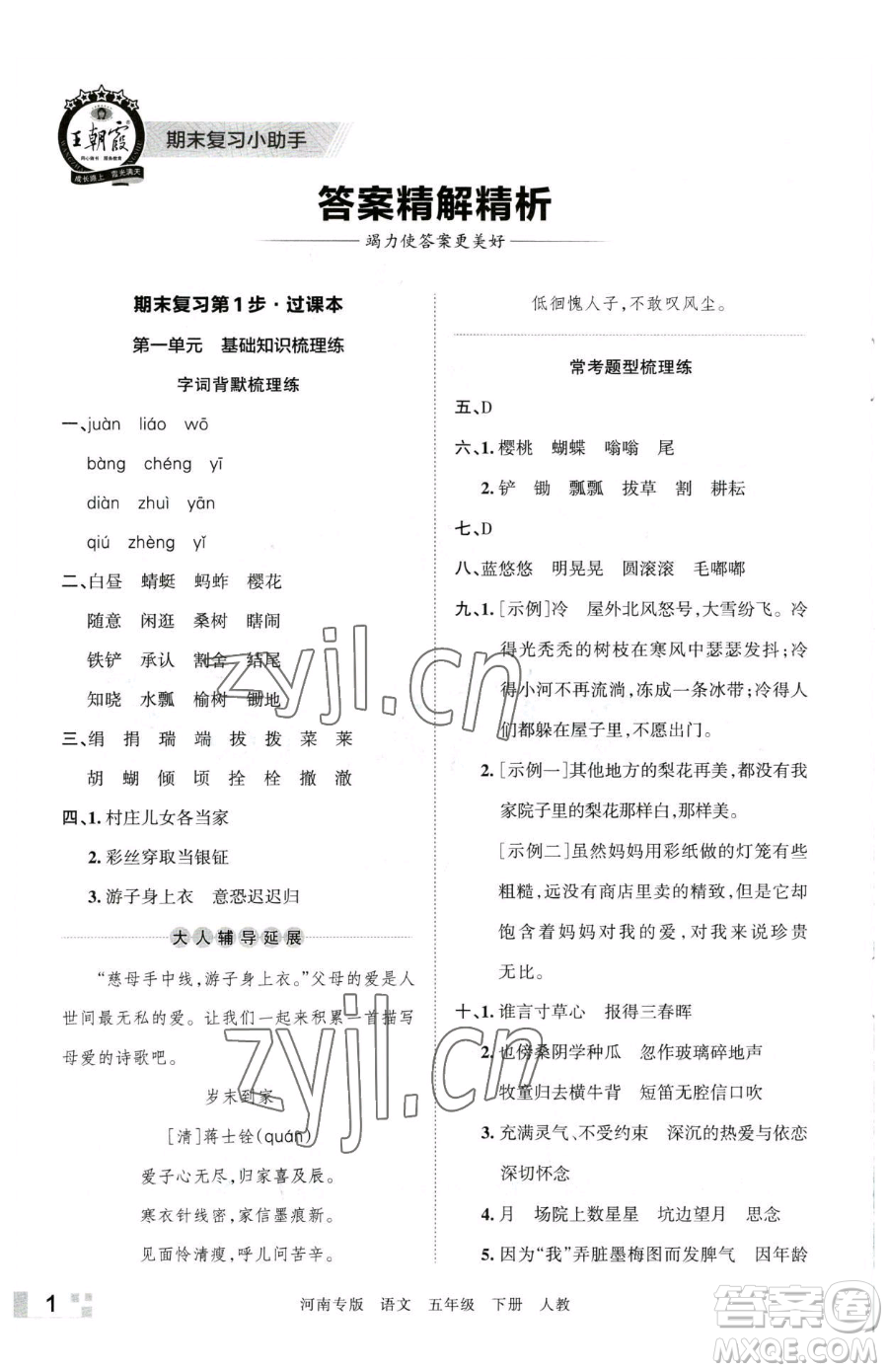 江西人民出版社2023王朝霞各地期末試卷精選五年級(jí)下冊(cè)語(yǔ)文人教版河南專(zhuān)版參考答案