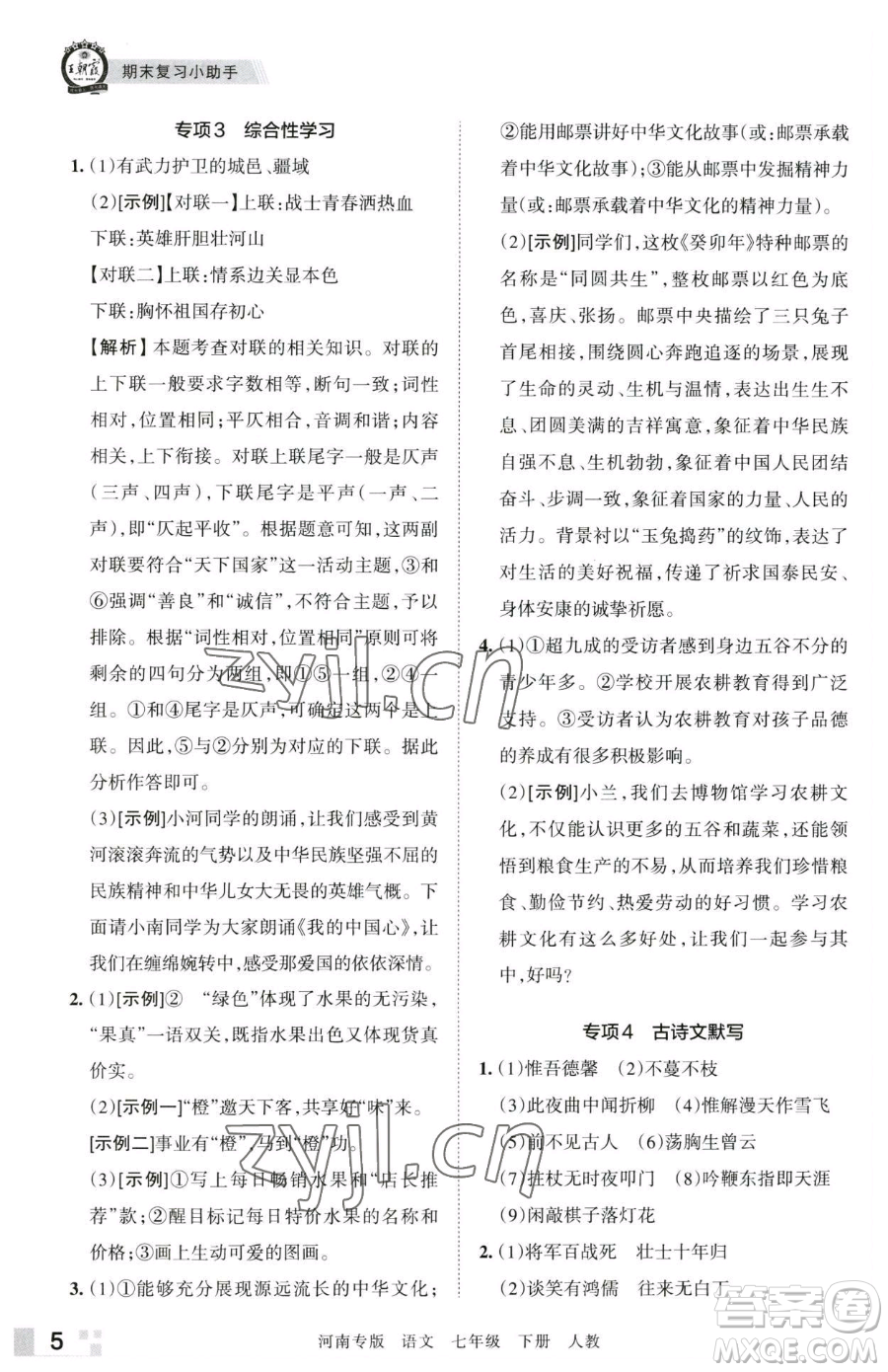 江西人民出版社2023王朝霞各地期末試卷精選七年級(jí)下冊(cè)語文人教版河南專版參考答案