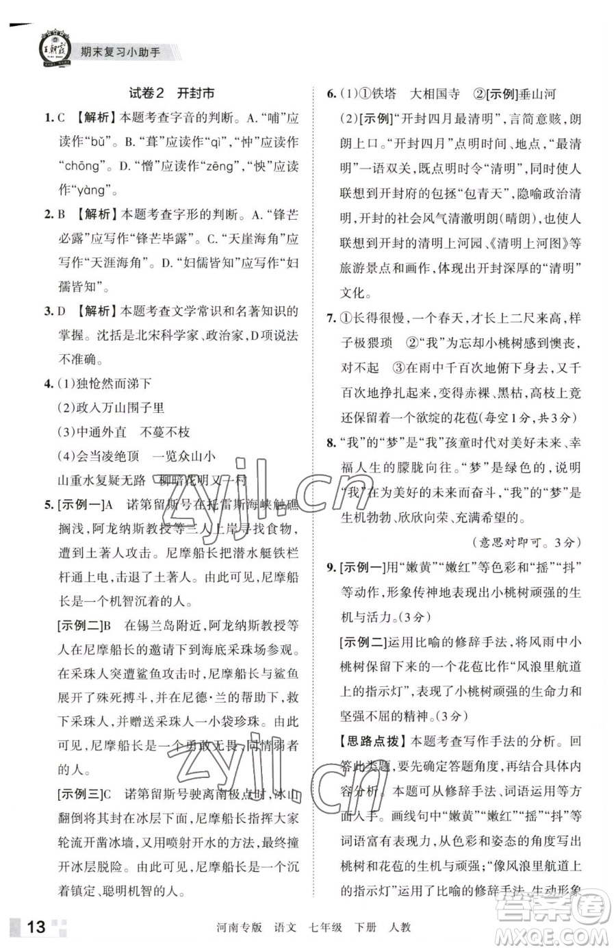 江西人民出版社2023王朝霞各地期末試卷精選七年級(jí)下冊(cè)語文人教版河南專版參考答案