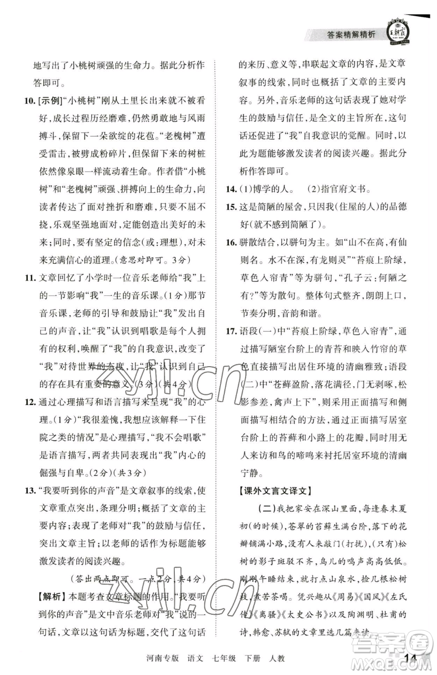 江西人民出版社2023王朝霞各地期末試卷精選七年級(jí)下冊(cè)語文人教版河南專版參考答案