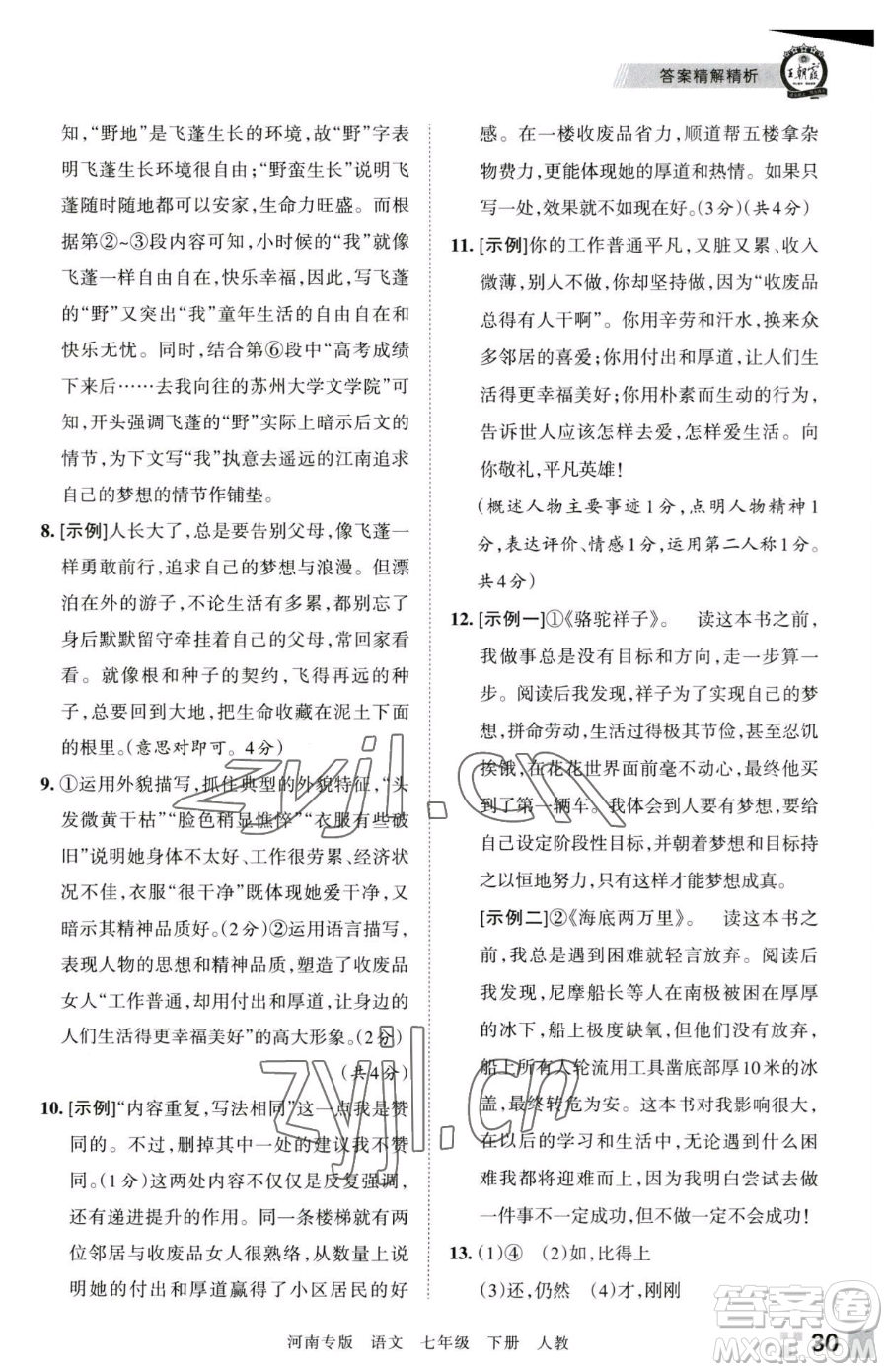 江西人民出版社2023王朝霞各地期末試卷精選七年級(jí)下冊(cè)語文人教版河南專版參考答案