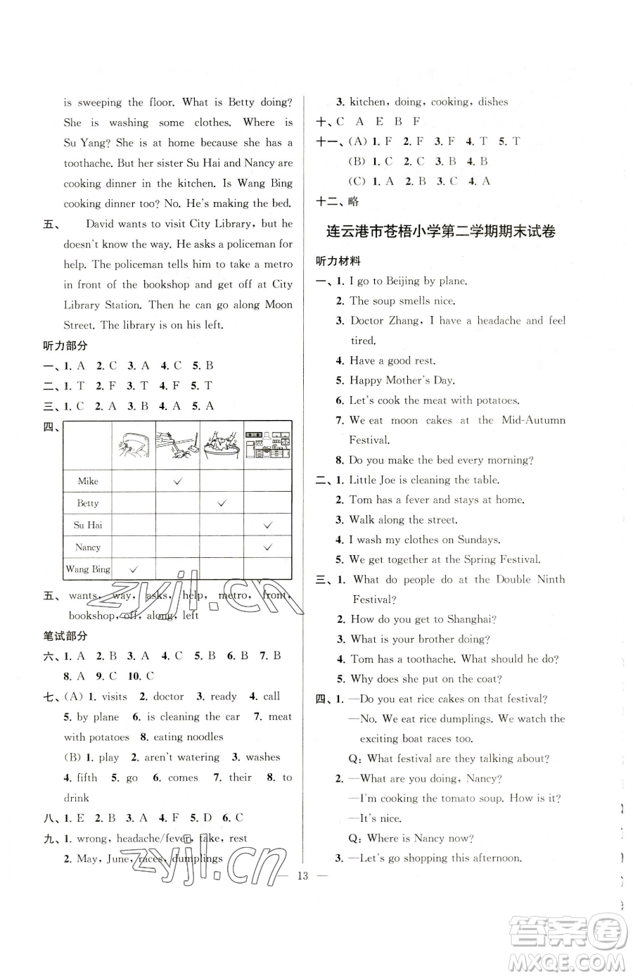 江蘇鳳凰美術(shù)出版社2023超能學(xué)典各地期末試卷精選五年級下冊英語譯林版參考答案