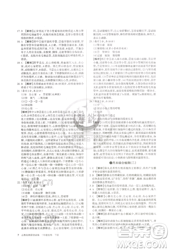 北京教育出版社2023山西名師原創(chuàng)試卷七年級下冊生物人教版參考答案