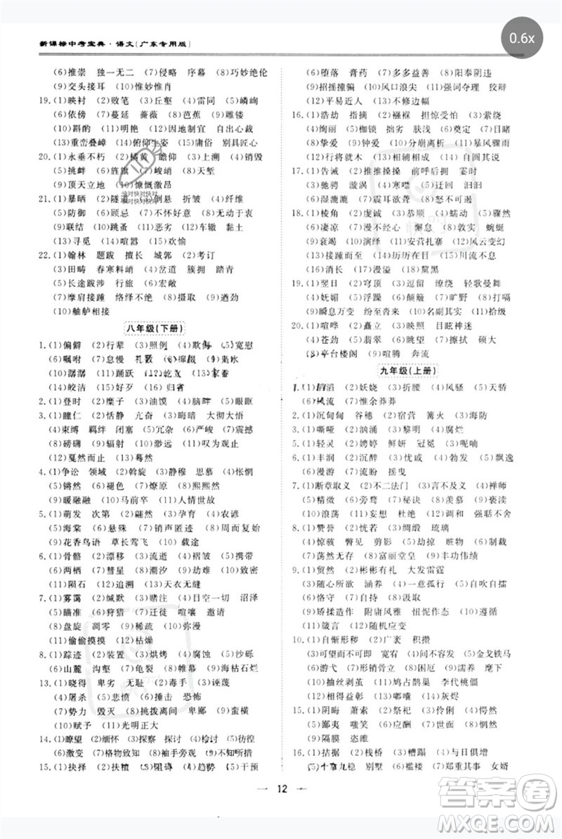 世界圖書出版公司2023新課標(biāo)中考寶典九年級(jí)語(yǔ)文通用版廣東專版參考答案