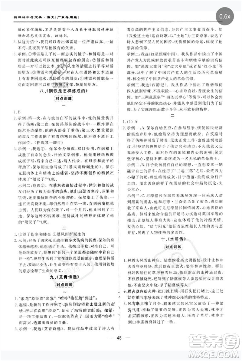 世界圖書出版公司2023新課標(biāo)中考寶典九年級(jí)語(yǔ)文通用版廣東專版參考答案