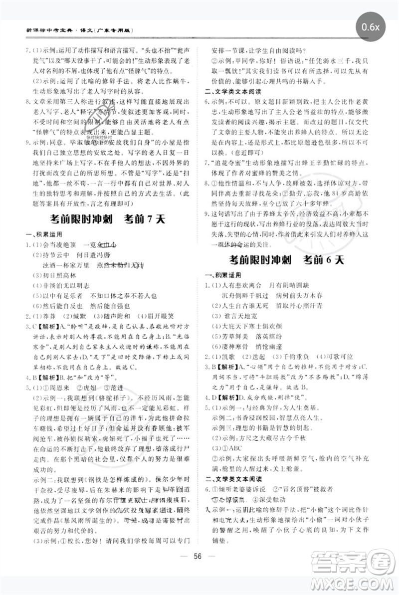 世界圖書出版公司2023新課標(biāo)中考寶典九年級(jí)語(yǔ)文通用版廣東專版參考答案