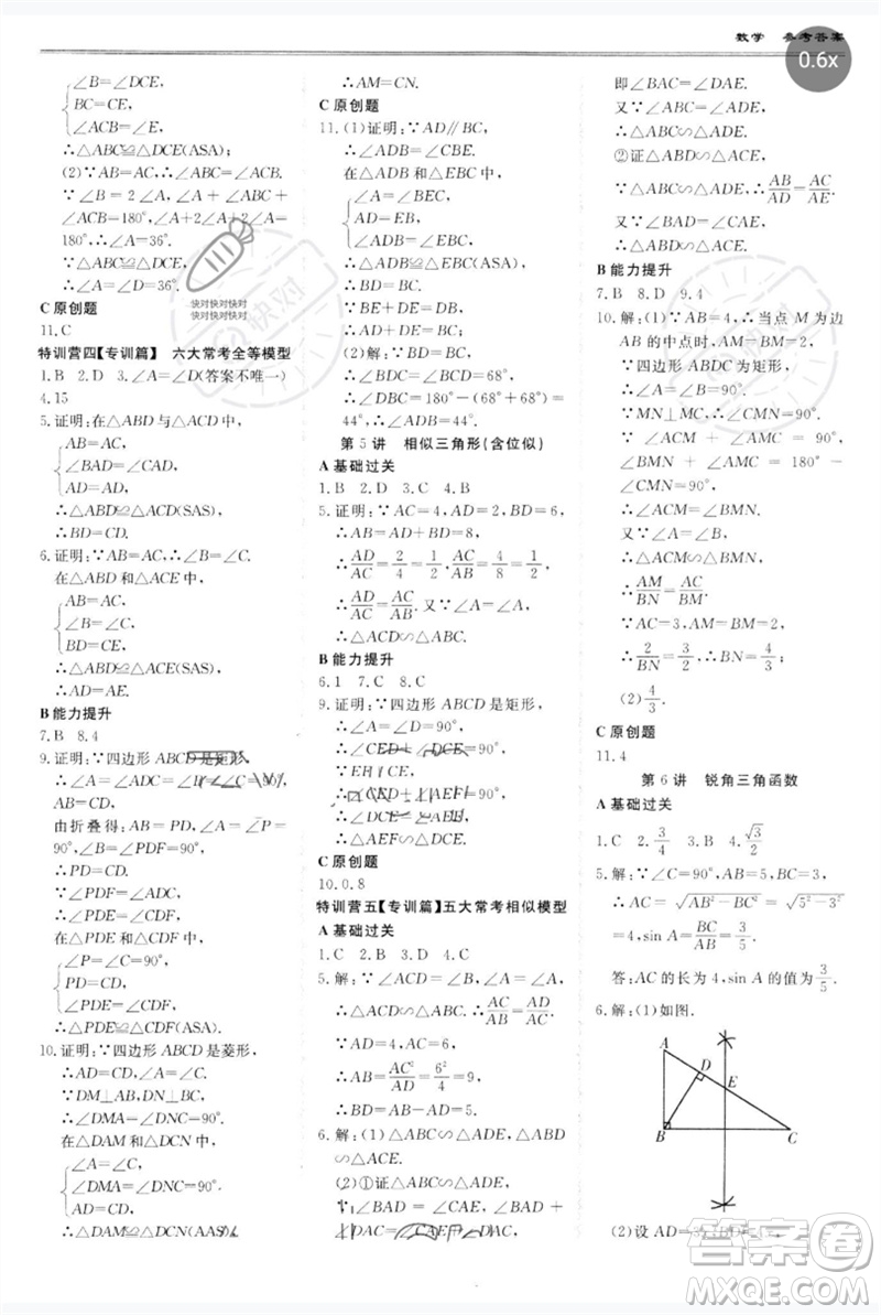 世界圖書出版公司2023新課標(biāo)中考寶典九年級數(shù)學(xué)通用版廣東專版參考答案