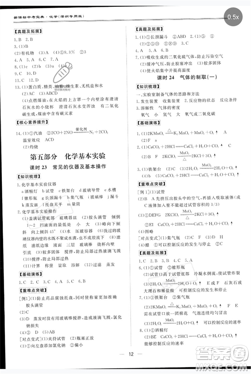 世界圖書出版公司2023新課標中考寶典九年級化學通用版深圳專版參考答案