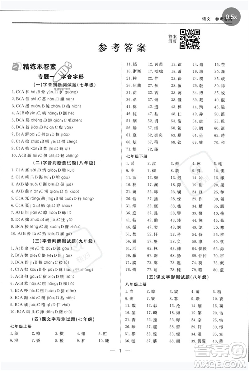 世界圖書出版公司2023新課標(biāo)中考寶典九年級(jí)語文通用版深圳專版參考答案