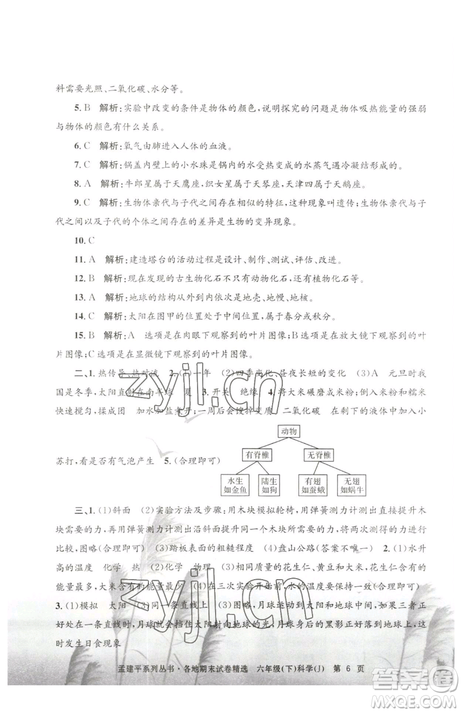 浙江工商大學(xué)出版社2023孟建平各地期末試卷精選六年級下冊科學(xué)教科版參考答案