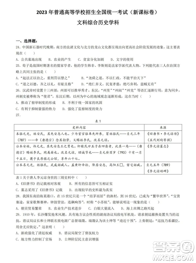 2023年高考新課標全國II卷歷史試題答案