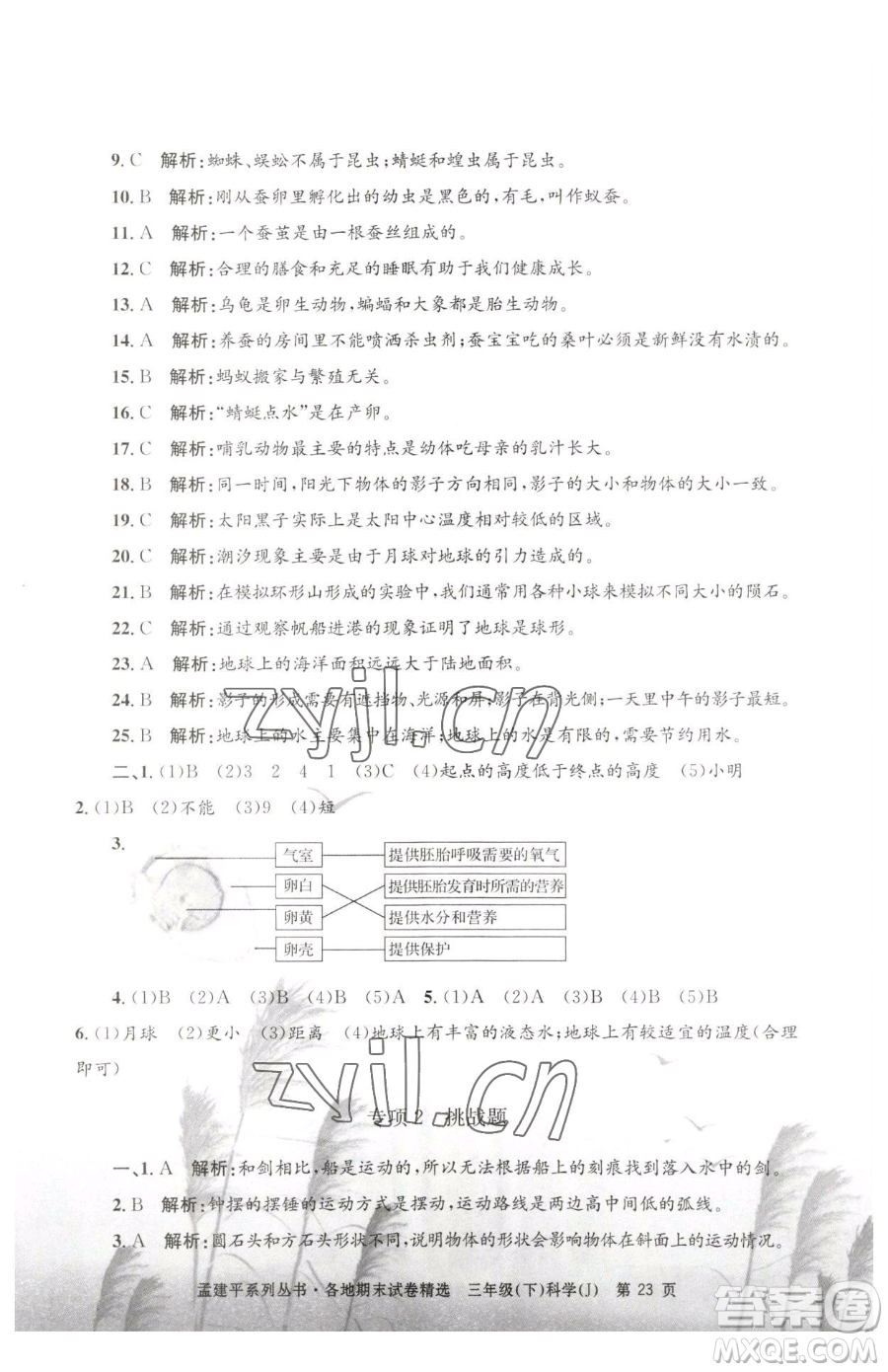 浙江工商大學(xué)出版社2023孟建平各地期末試卷精選三年級下冊科學(xué)教科版臺州專版參考答案