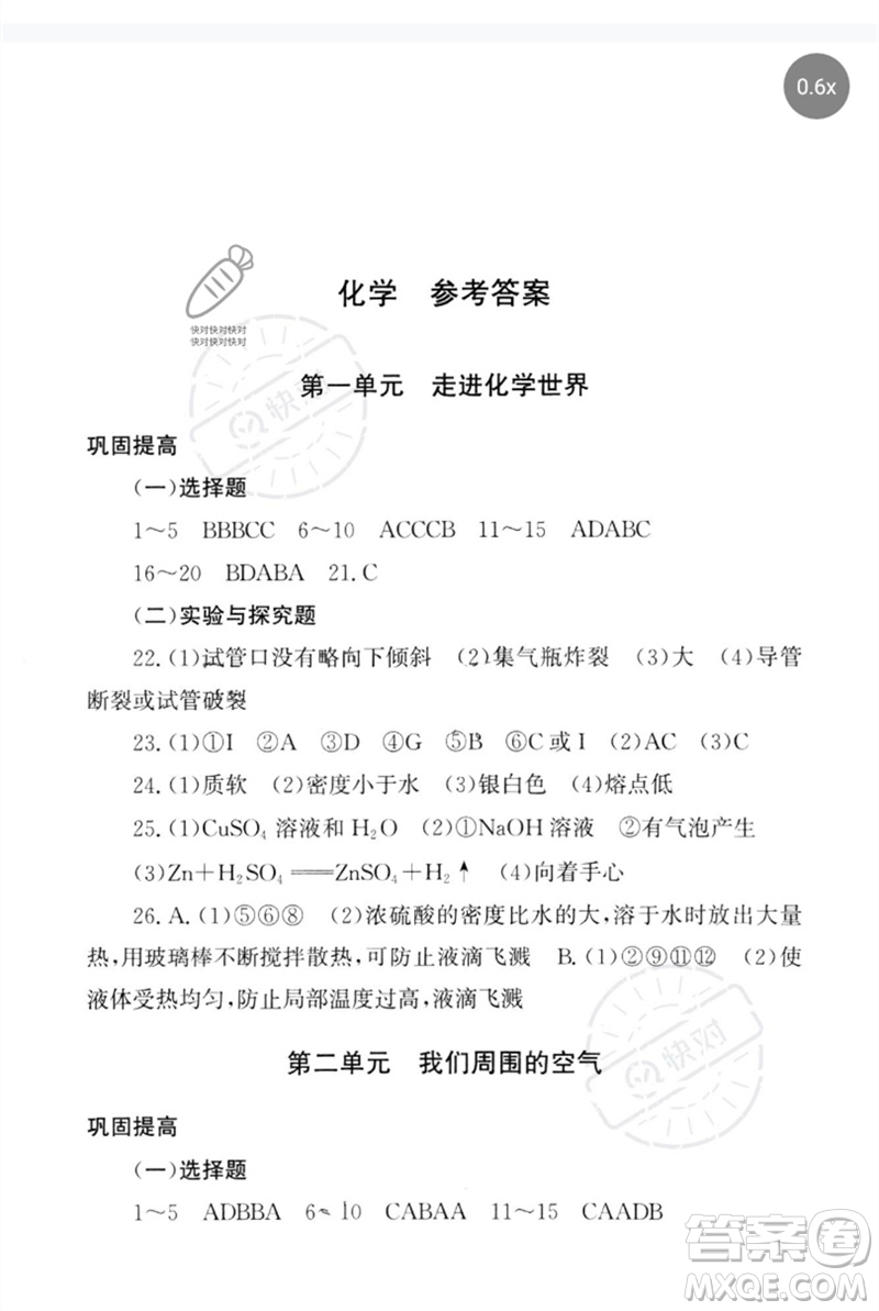 團(tuán)結(jié)出版社2023劍指中考九年級(jí)化學(xué)通用版郴州專版參考答案